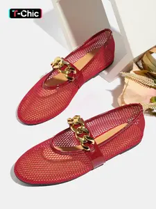 Women's Ballet Flats Breathable Mesh Gold Chain Decor Mary Jane Shoes Spring Summer Fashion Hollow Out Single Shoe Casual Trendy Flat