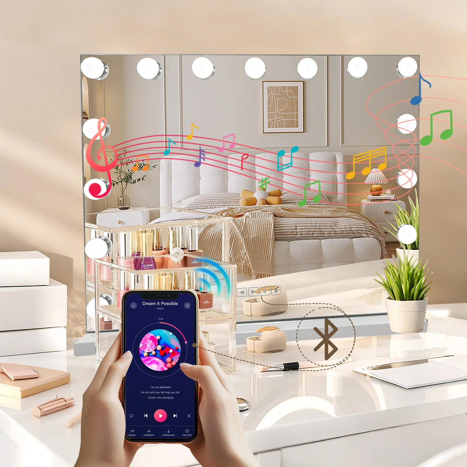 Hollywood Vanity Makeup Mirror with Bluetooth Speaker, 58x46cm, 15 LED Bulbs, 3 Color Lights Stepless Dimmable, USB Charging Port, Detachable 5X Magnifying Mirror, Tabletop & Wall Mounted Lighted Mirror for Bedroom Dresser, Gift for Women