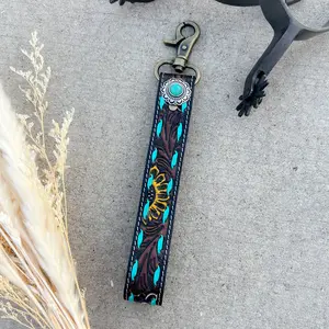 Sunflower Tooled Leather Keychain