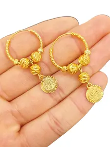 18K Gold Plated Vintage Hoop Earrings for Women | Embossed Medallion Dangle Hoops with Textured Beads | Bridal Wedding Jewelry for Bride & Bridesmaids Dangle Hoop Type