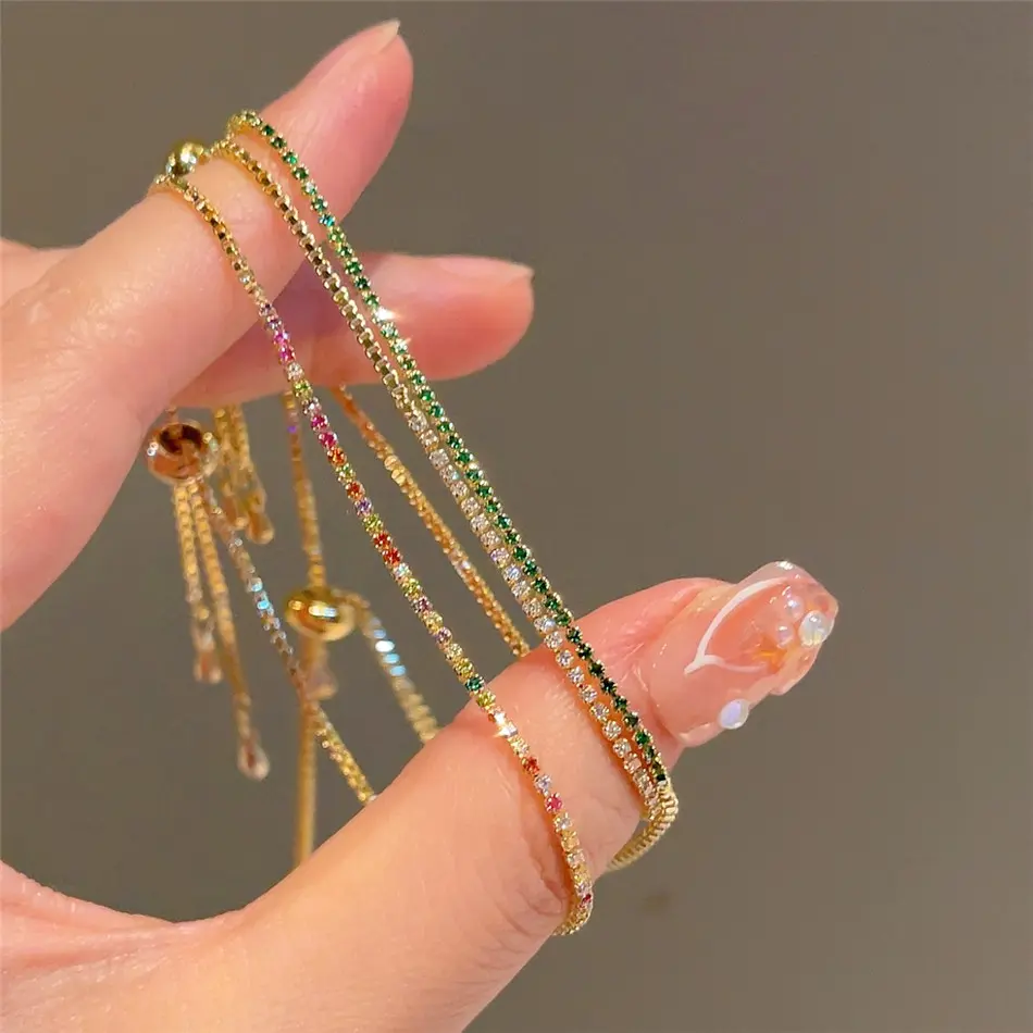 Women's 2mm Adjustable Copper-Zircon Bracelet, Colorful Charm Jewelry with Rainbow CZs, Wedding Fashion Costume Hand Chain Accessory, Bracelets