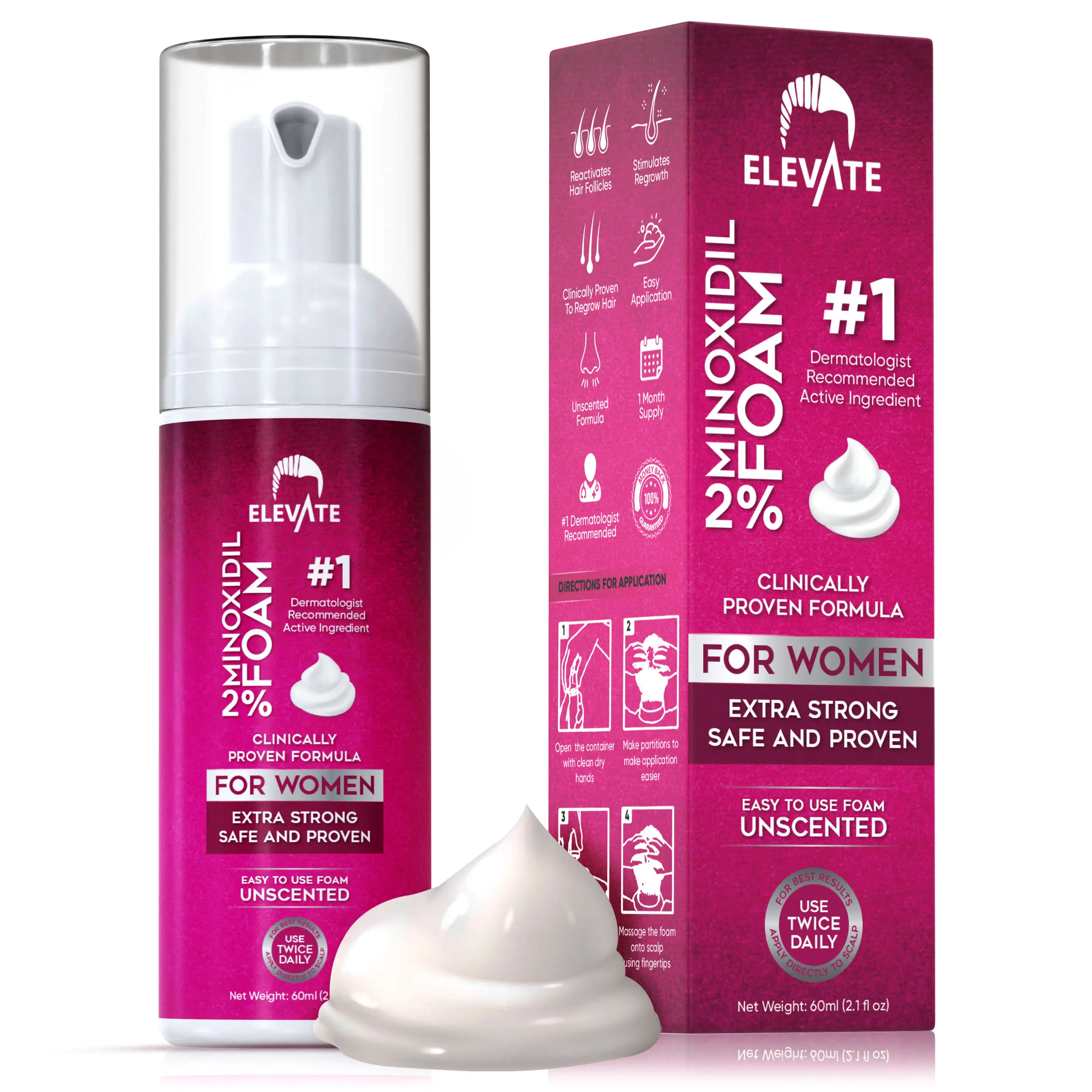 Elevate Women's 2% Minoxidil Foam - Hair Growth Treatment for Women - Unscented 1, 3, or 6 Month Supply Topical Aerosol