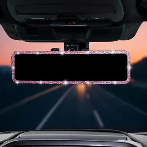 Bling Car Rear View Mirror, Universal 11.81 Inch Panoramic Rearview Mirror Accessories with Bling Rhinestones Crystal Diamonds for Women, Interior Clip-on Wide Angle Rear View Mirror -Pink