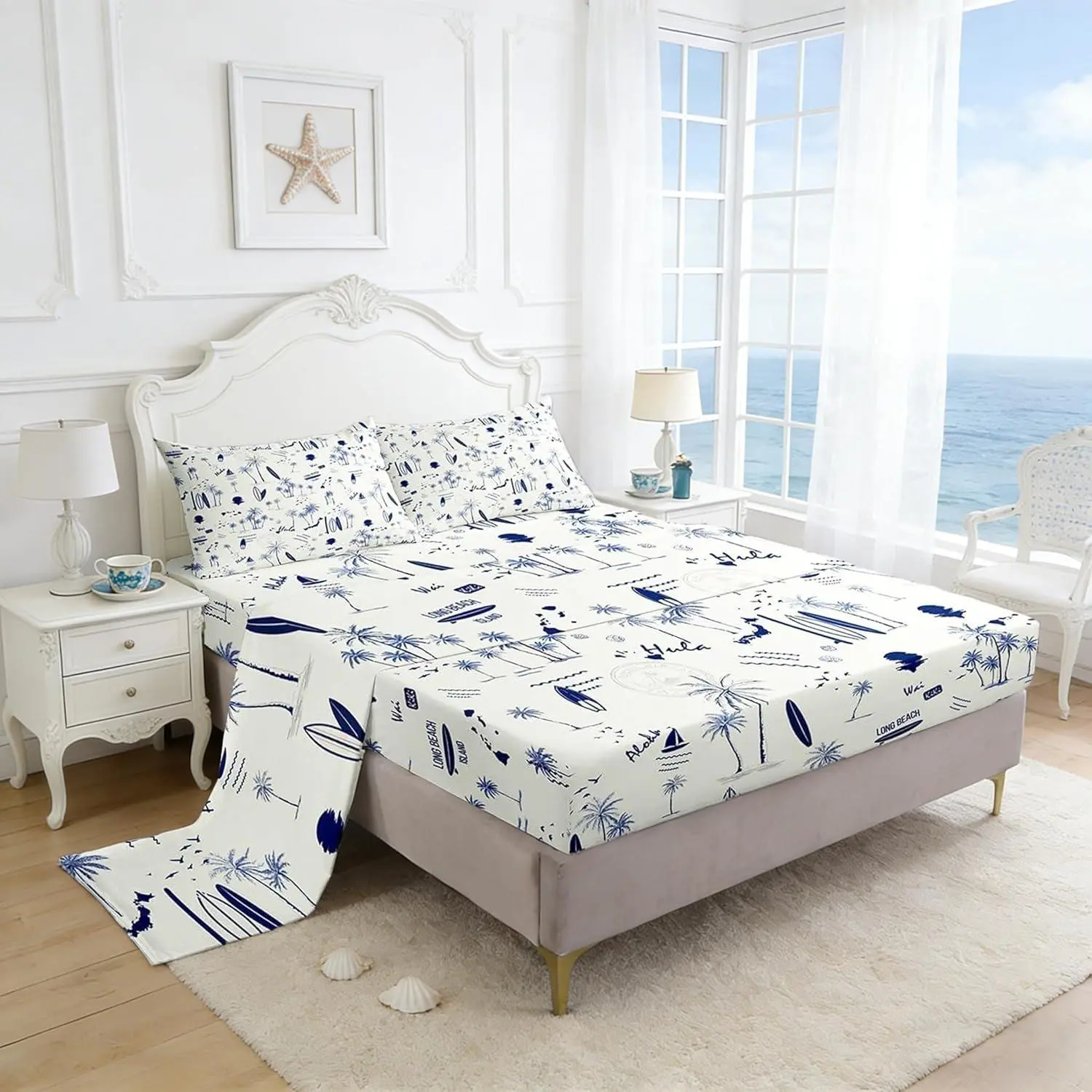 Coastal Beach Sheet Setsurfboard Sailboat Palm Tree Bedding Set for Kids Girls Boys Teens Room Decor Summer Ocean Life Bed Sheet Navy Blue White Fitted + Flat Sheet