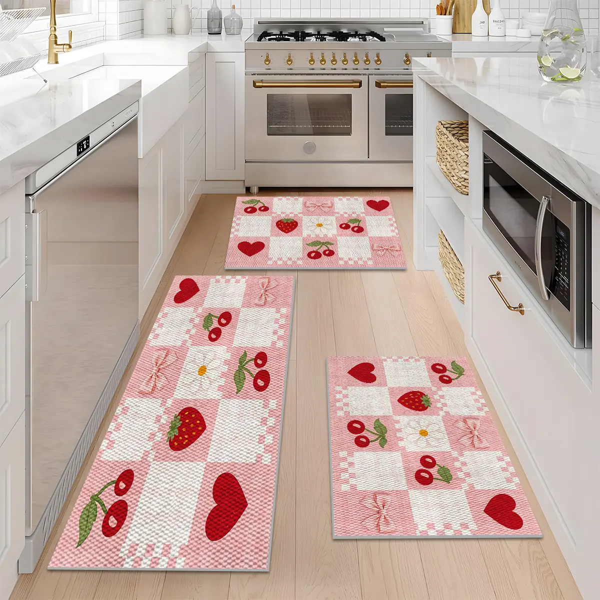Washable Kitchen Rugs (1/2/3PCS Pink Print), Strawberry Cherry Plaid Home Decor, Pineapple Texture Non-Slip Foldable Durable Runners, 16x24 in/20x32 in/20x47 in, Do Not Iron, Fade-Sun Color Hold