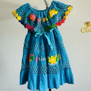 El Salvador Traditional Dress for 9-12 Months Old with Vibrant Floral Embroidery and Eye-catching Blue Color