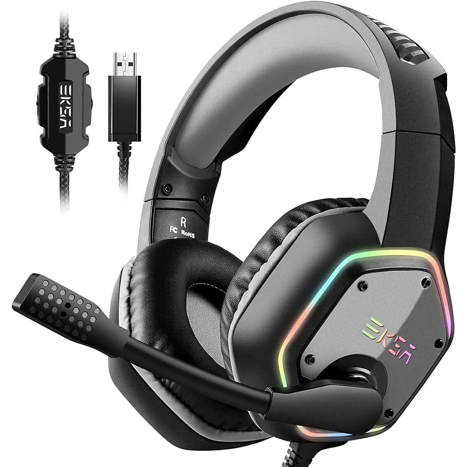 E1000 USB Gaming Headset for PC, Computer Headphones with Microphone/Mic Noise Cancelling, 7.1 Surround Sound, RGB Light - Wired Headphones for PS4, PS5 Console, Laptop, Call Center