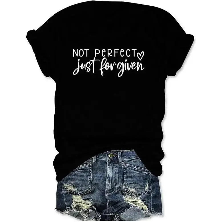 Women's Christian Tshirt with 'Not Perfect Just Forgiven' Christian Quote, Faith Heart Graphic, Round Neck Short Sleeve for Lady Church Wear, Top, Heart Print