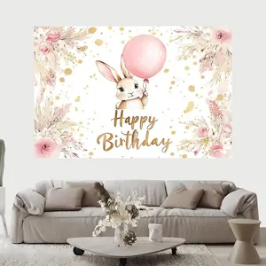1pc Bunny Birthday Backdrop Banner Backdrop Party Supplies Wall Decoration for Party Backdrop Environmental Celebration&Birthday Anniversary Decoration Easy to Use for Outdoor Indoor