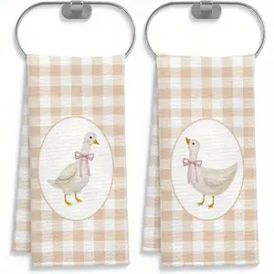 2pcs Farmhouse Goose Kitchen Towels Set Of 2 Soft Polyester Beige Gingham Checkered Design With Pink Bow Goose Nursery Hand Towels Modern Cartoon Style For Kitchen & Bathroom Decor Machine Washable Bathroom Hand Towels 23.6x15.7 Inch