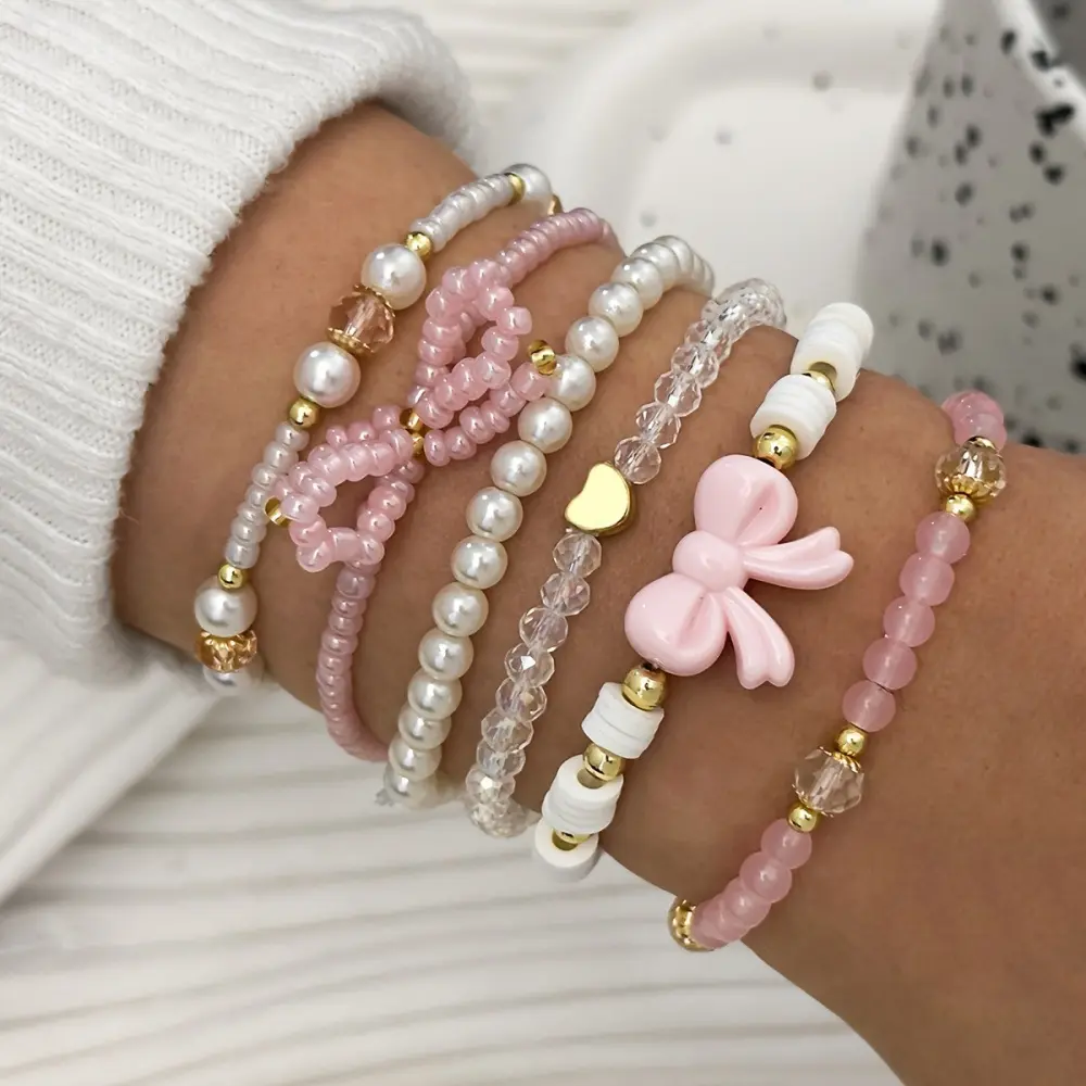 6pcs Pink & White Beaded Bracelet Set, Y2K Bow & Pearl Layered Stackable Bracelets, Cute Pastel Handmade Jewelry for Women, Everyday & Summer Accessories
