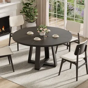 47 Inch Round Dining Table for 4-6 People, Circle Kitchen Table with Cross Base, Farmhouse Wood Dinner Table for Apartment