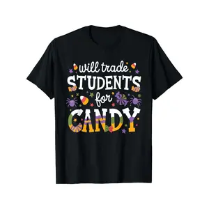 Funny Teacher Halloween Costume T-Shirt - "Will Trade Students for Candy" Graphic Tee - Black Shirt with Candy Corners - Loose Fit Adult Halloween Party Outfit - Funny Educator Gift for Halloween Party - Casual Costume Apparel.