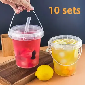 10-Pack 1000ML Large Plastic Cups with Lids and Straws, Reusable Beverage Buckets, Fruit Ice Carrier, Summer Cold Drink Cups, Set