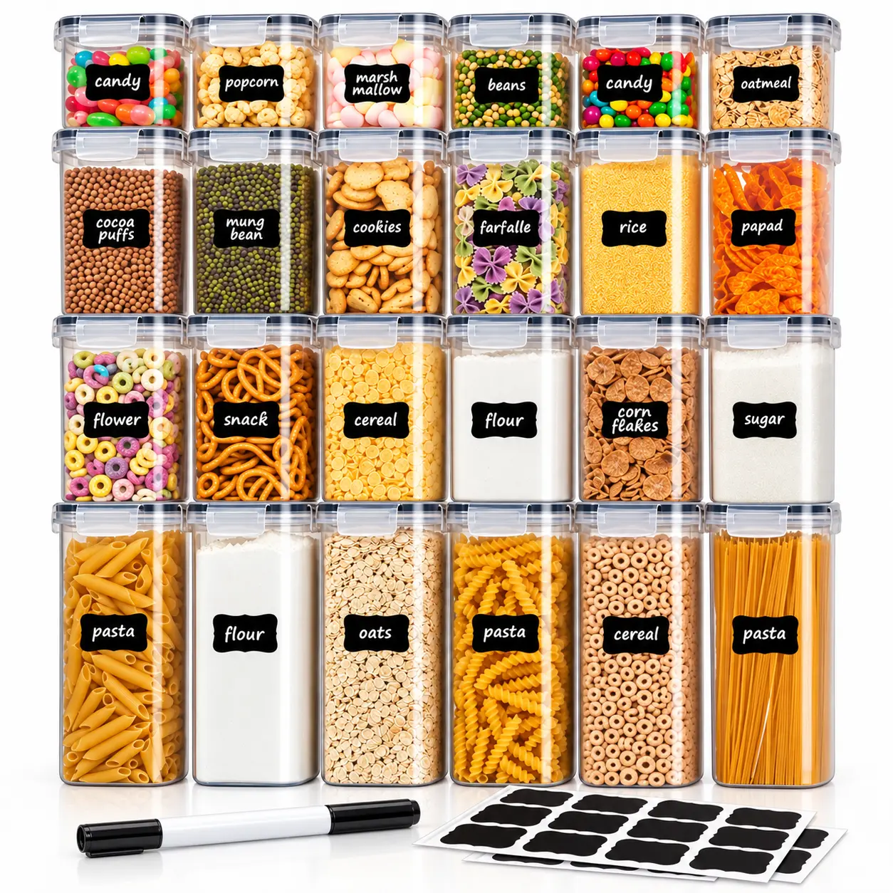 AISOON 32-Piece Storage Organization Set - 16 Airtight Anti-Leak BPA-Free Plastic Canisters + 16 Lids, Container & Lid Food Storage with Labels & Marker for Cereal, Flour, Dry Food