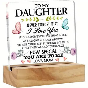 Customized Floral Acrylic Sign with Wooden Stand - Acrylic Desktop Decoration, Creative Desktop Decoration, Decor Signs for Mother-Daughter Gift, Room Accessories, Home Office Desk Keepsake, Mother's Day Present