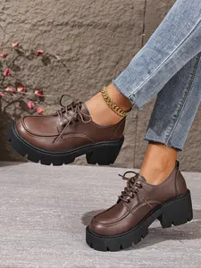 Women's Spring Summer New Casual Thick Sole Closed Mary Jane Loafers, British Style Classic Lace-Up Small Leather Shoes, All-Season Convenient Shoes