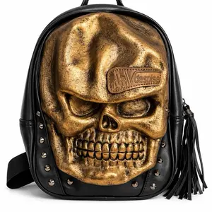 Gothic Gold Skull Backpack - Luxury 3D Punk-Style Studded Designer Bag, SKU:3227
