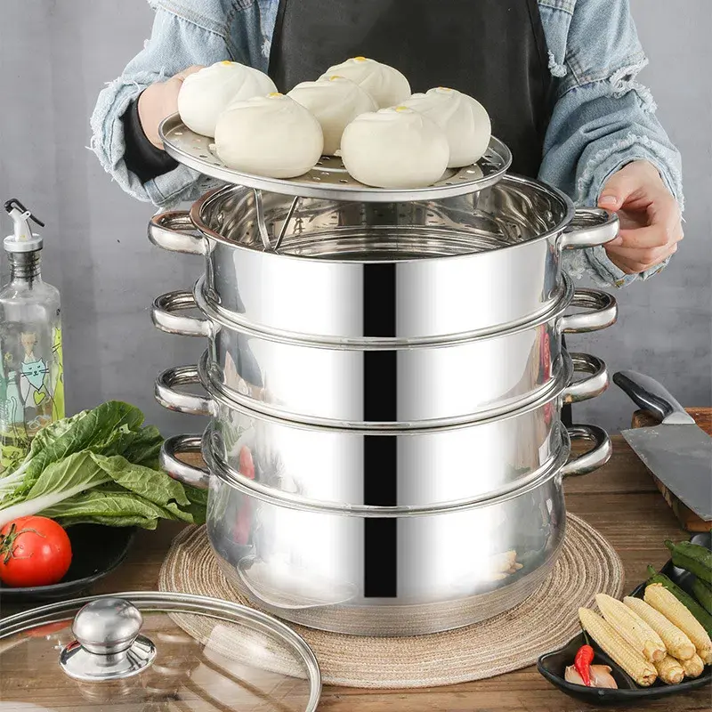 CNCEST 5-Tier Round Stainless Steel Steamer Cookware with Glass Lid, 33lbs Per-Tier Capacity, Smooth Finish, All-Stovetop Compatible Durable Home Kitchenware for Steaming