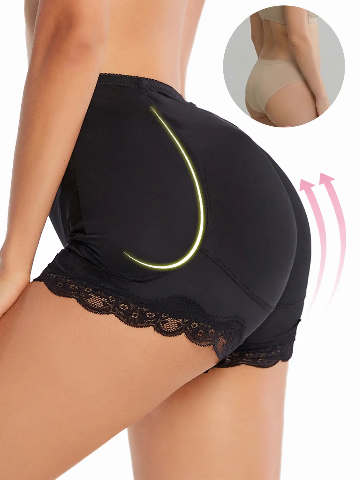 LUMIGIRL Women's Padded Butt Lifter Shapewear Shorts, 4 Removable Pads, Seamless Lace Underwear with Hip Enhancer, Lightweight for Wedding, Party, Dates, Glam
