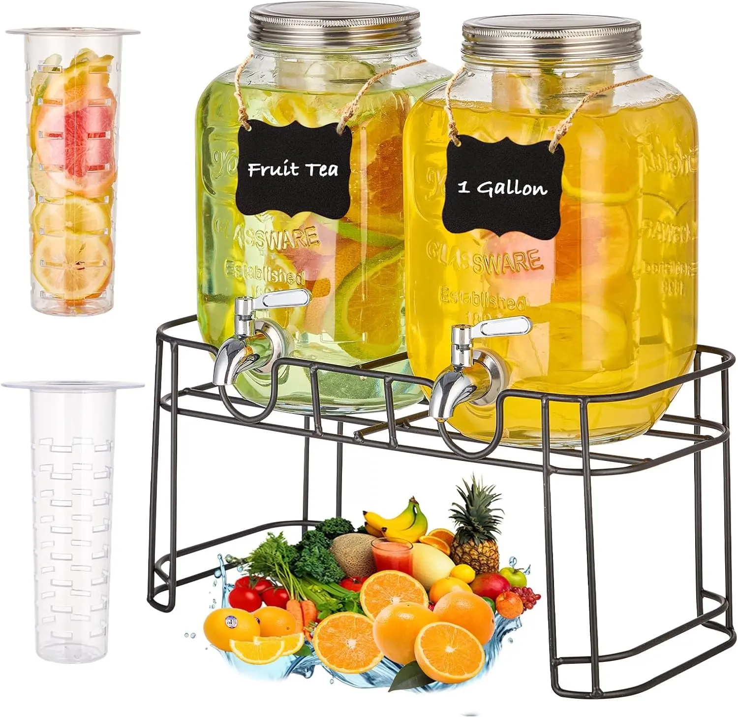1 Gallon Glass Drink Dispensers for Parties, 2 Pack Beverage Dispenser with Stand, Fruit Infuser & Leakproof Stainless Steel Spigot, Juice Dispenser for Lemonade, Iced Tea, Sun Tea & Infused Water