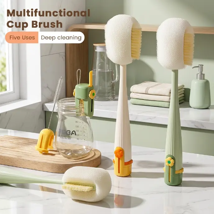 Multifunctional Cup Brush 5-in-1 Bottle & Straw Cleaning Tool with Flexible Silicone Bristles for Deep Cleaning of Bottles Cups Straws Cream White Jasmine Green cleaner Kitchen