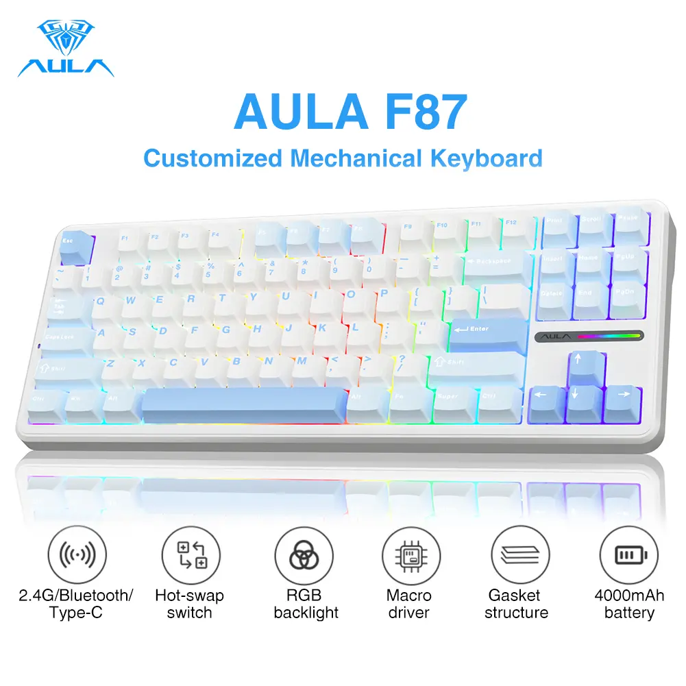 AULA F87 Wireless TKL Mechanical Gaming Keyboard - 87-Key Gasket Mount Creamy, Pre-lubed Greywood Hot Swappable Switches, Extra Pre-lubed Linear Switch x2, PBT Keycaps, Color Changing RGB Lighting, 2.4G/BT/USB-C Connectivity, PC Gaming Setup Accessory, Cr