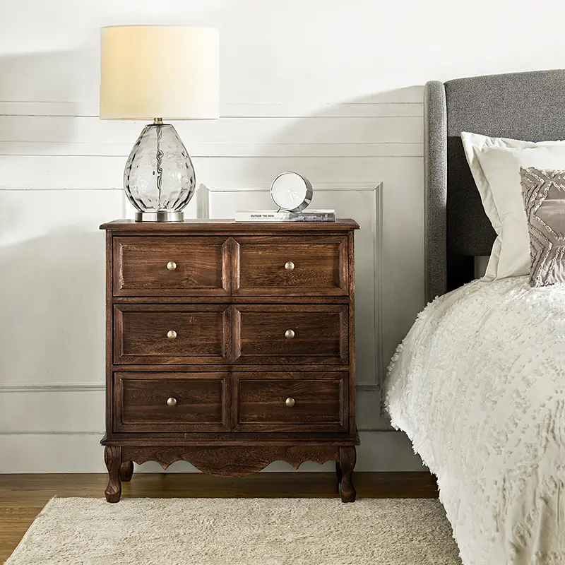 【Summer Sale】Hulala Galatea 30'' Tall Nightstand 3-Drawer Farmhouse Cabinet/End Table with Built-in Power Strip, Faux Six-Drawer, Solid Wood Legs & Adjustable Feet, Accent Storage Cabinet, Room Decor