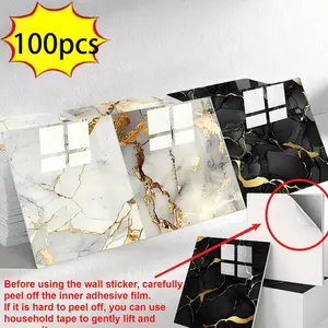 100pcs Self-Adhesive Marble Effect Wall Tiles, Waterproof Oil-Resistant Decorative Home Decor Stickers for Kitchen, Bathroom, Office Use, Marble Pattern Sticker, Waterproof Wall Decal