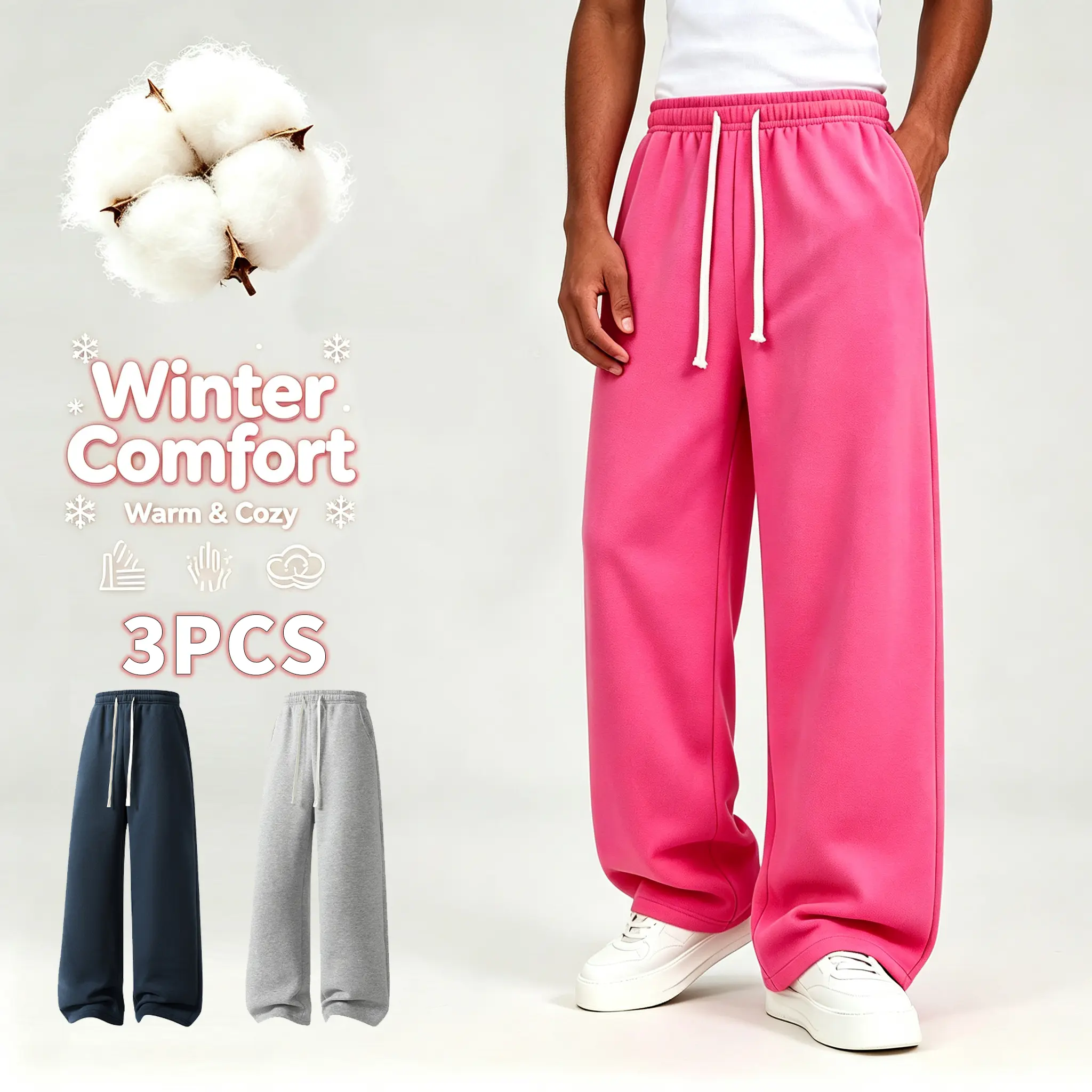 3Pack Multipack Soft Cotton Wide Leg Straight Sweatpants Elastic Drawstring High Waist Ultra Soft Thick Warm Cozy Fabric Stretch Breathable Loose Relaxed Fit Casual Trousers Suitable For Winter Loungewear Daily Commute Outdoor Street Outfits