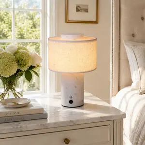 DEMILARE Cordless Table Lamp, Natural Stone (Travertine/Marble) Base, Textured Fabric Shade, 4000mAh Rechargeable, 3-Color Temp Stepless Dimmable Touch Control, Portable Bedside Light for Bedroom, Living Room and Home Decor,SummerWins,DealsForYouDays