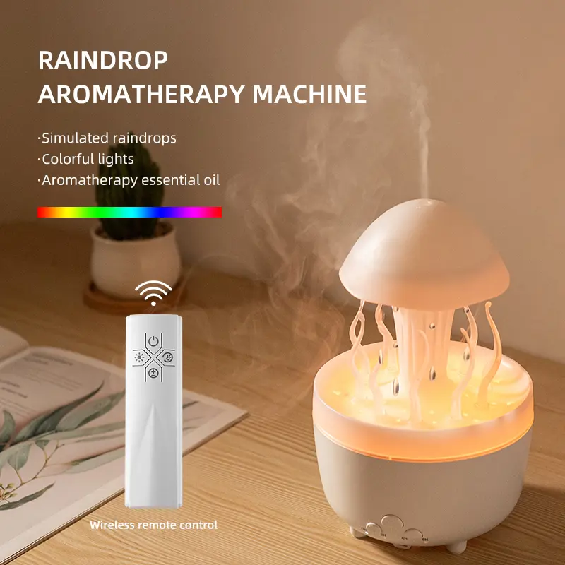 New 0.35L Mini Natural Aromatherapy Diffuser Humidifier for Home - Essential Oil Compatible, Rotating Raindrop Design, Colorful Night Light, Remote Controlled, Space-Saving Desktop, US Plug, Room Diffuser Machine, Misting Machine, Diffuser For Home