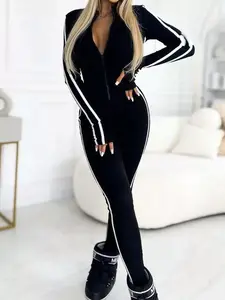 Full Size Stripe Zip-Front Long Sleeve Jumpsuit Plus Size