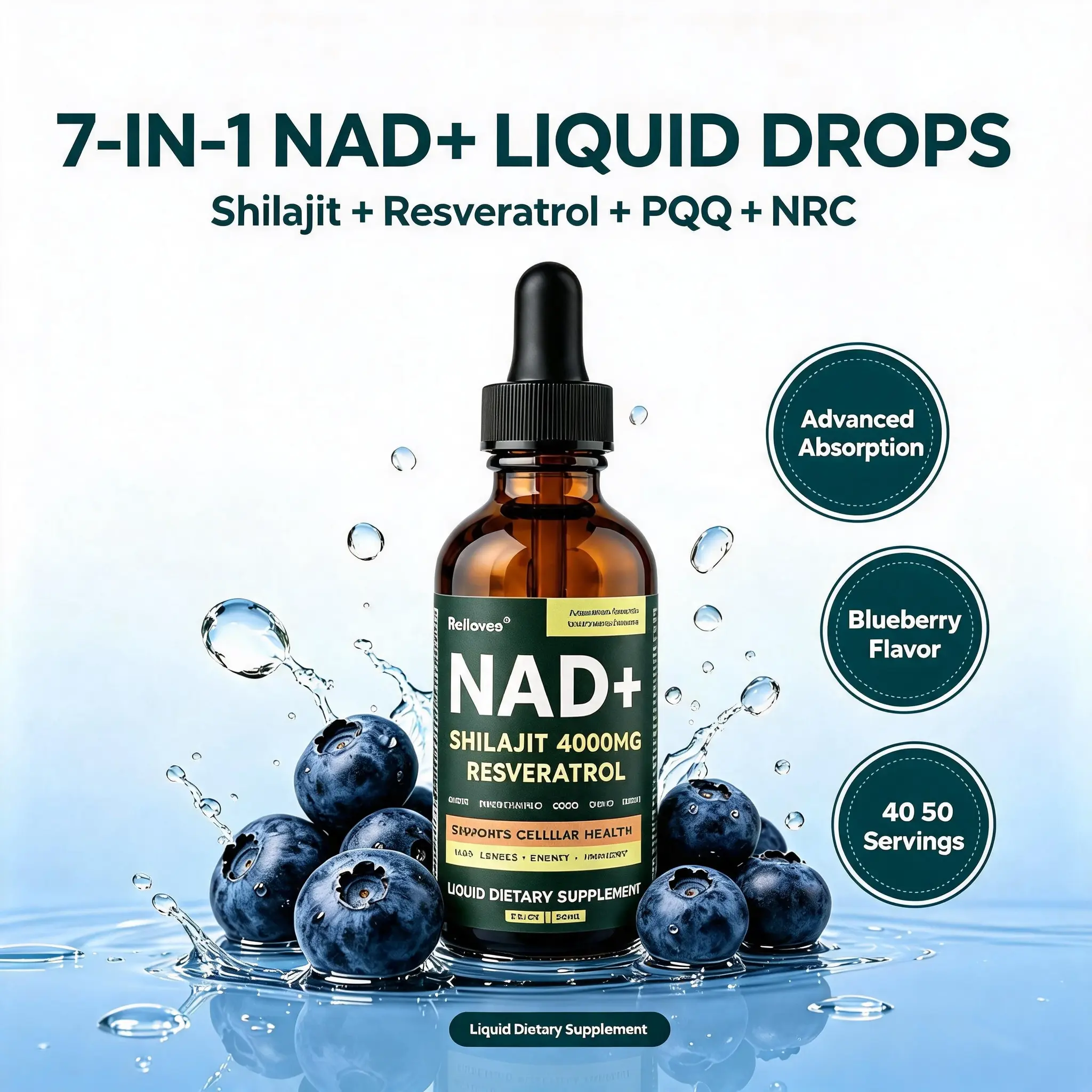 ReLierre NAD+ Liquid Drops with Shilajit 4000mg Resveratrol PQQ, Blueberry Flavor Liquid Dietary Supplement for Cellular Health & Energy Boost, 60ml 40 Servings
