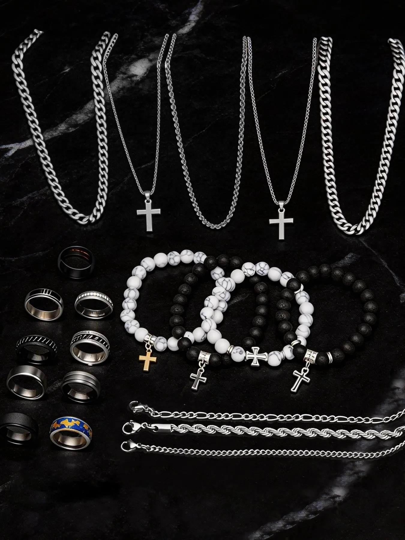 Men's Stainless Steel Fashion Jewelry Set, Casual Punk Cross Pendant Necklace Chain Bracelet Ring Set, Geometric Pattern, All Seasons Gift