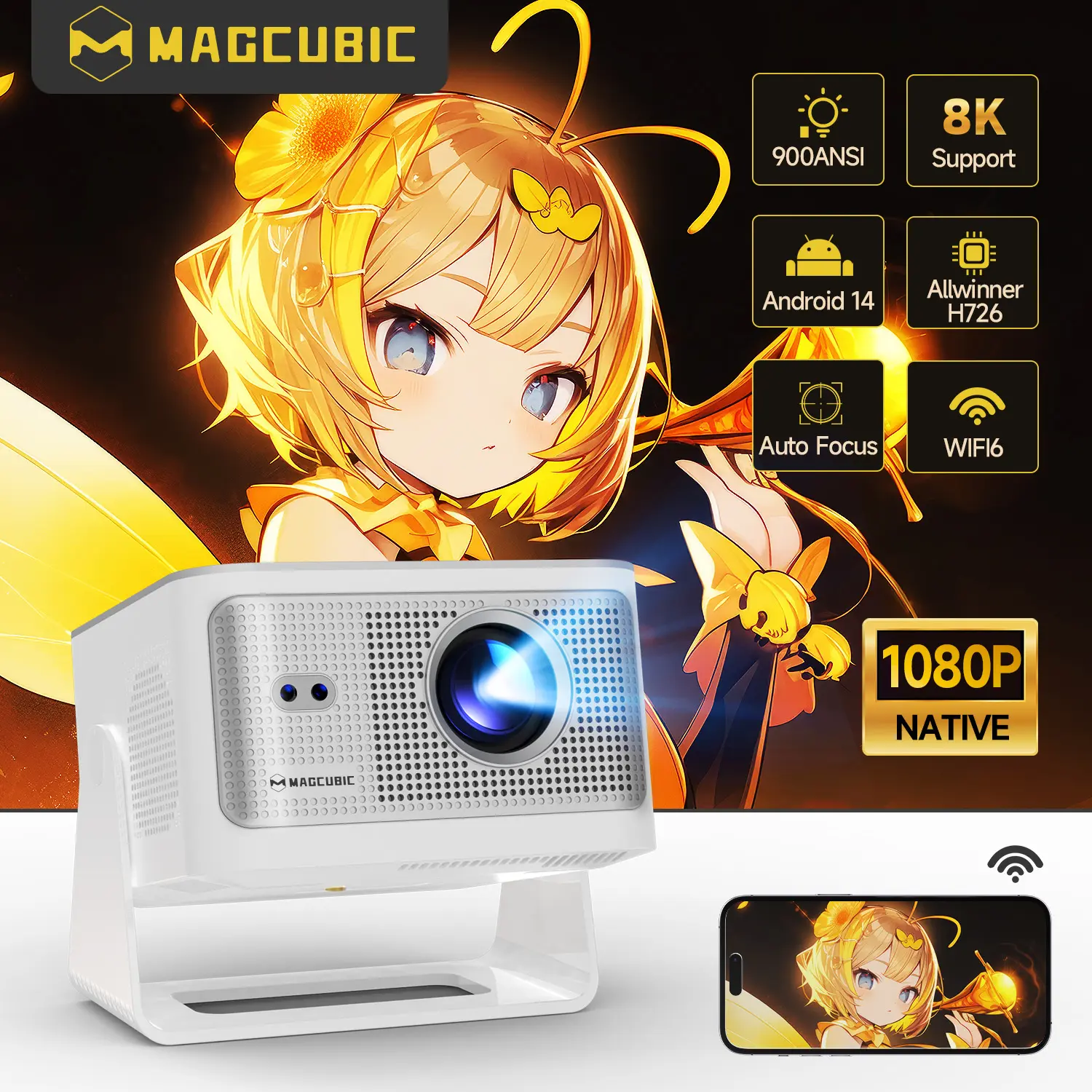 HY350MAX Projector 8K Decode Auto Focus Android 14 900ANSI Allwinner H726 Built-in 15W HiFi Speaker Dual WiFi6 BT5.4 Native 1080P 1.0:1 short Throw Portable Smart Projector For Home Cinema Movie Night #SummerWins #DealsForYouDays