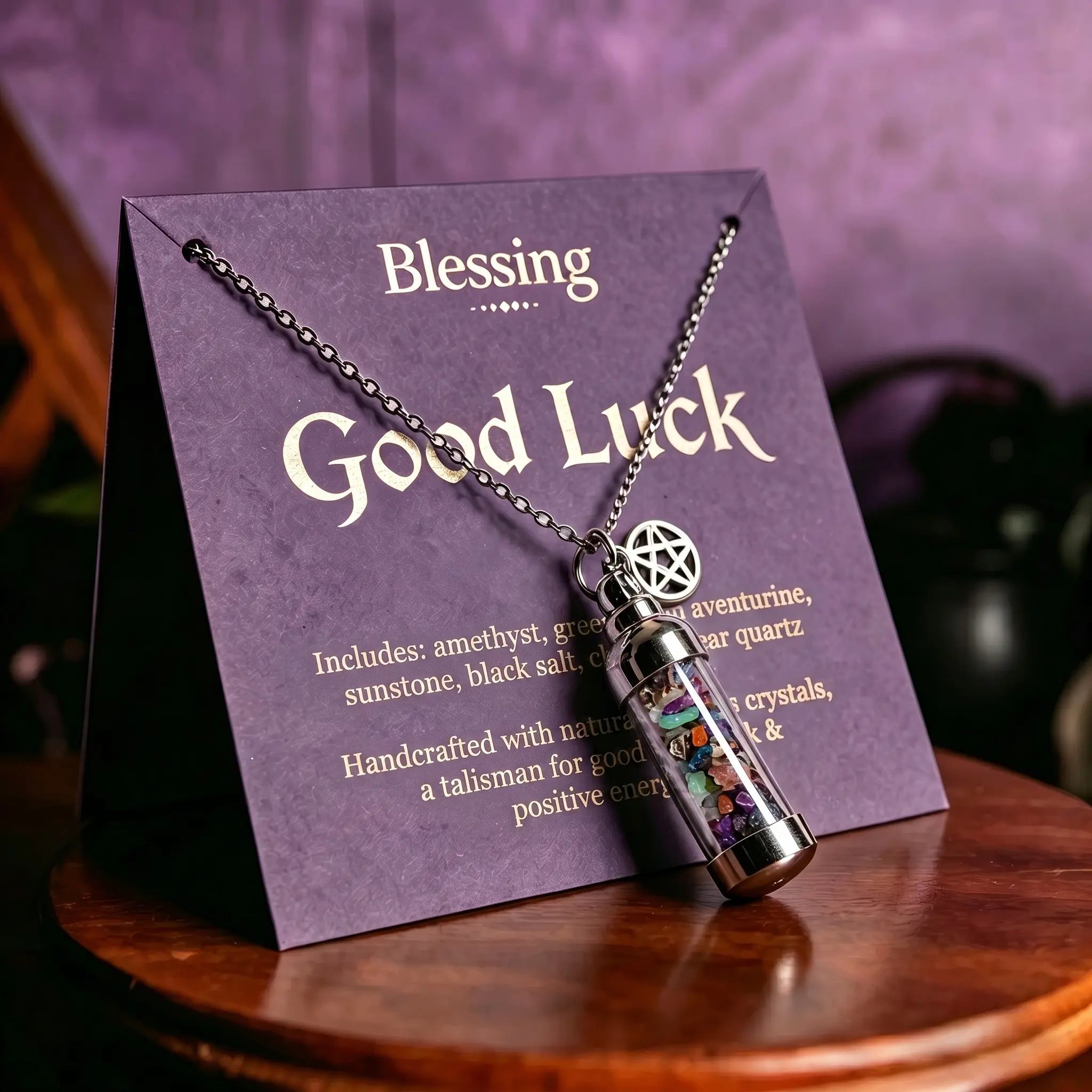 Women's Mystical Wish Bottle Gothic Necklace - Witchy Stainless Steel Pendants Jewelry with Colorful Crystal Pentagram Pagan Amulet, 20" Chain for Spiritual Protection, Unique Summer Crystal Pentagram Accessories, Crystal Necklaces