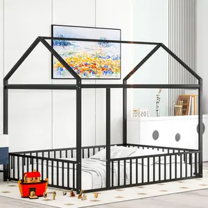 Bellemave Full Size Metal House Bed Frame with Fence for Kids Teens Girls Boys Black Playhouse Design 77.5"x55.5"x66.9" Sturdy Metal Frame for Better Sleep and Play