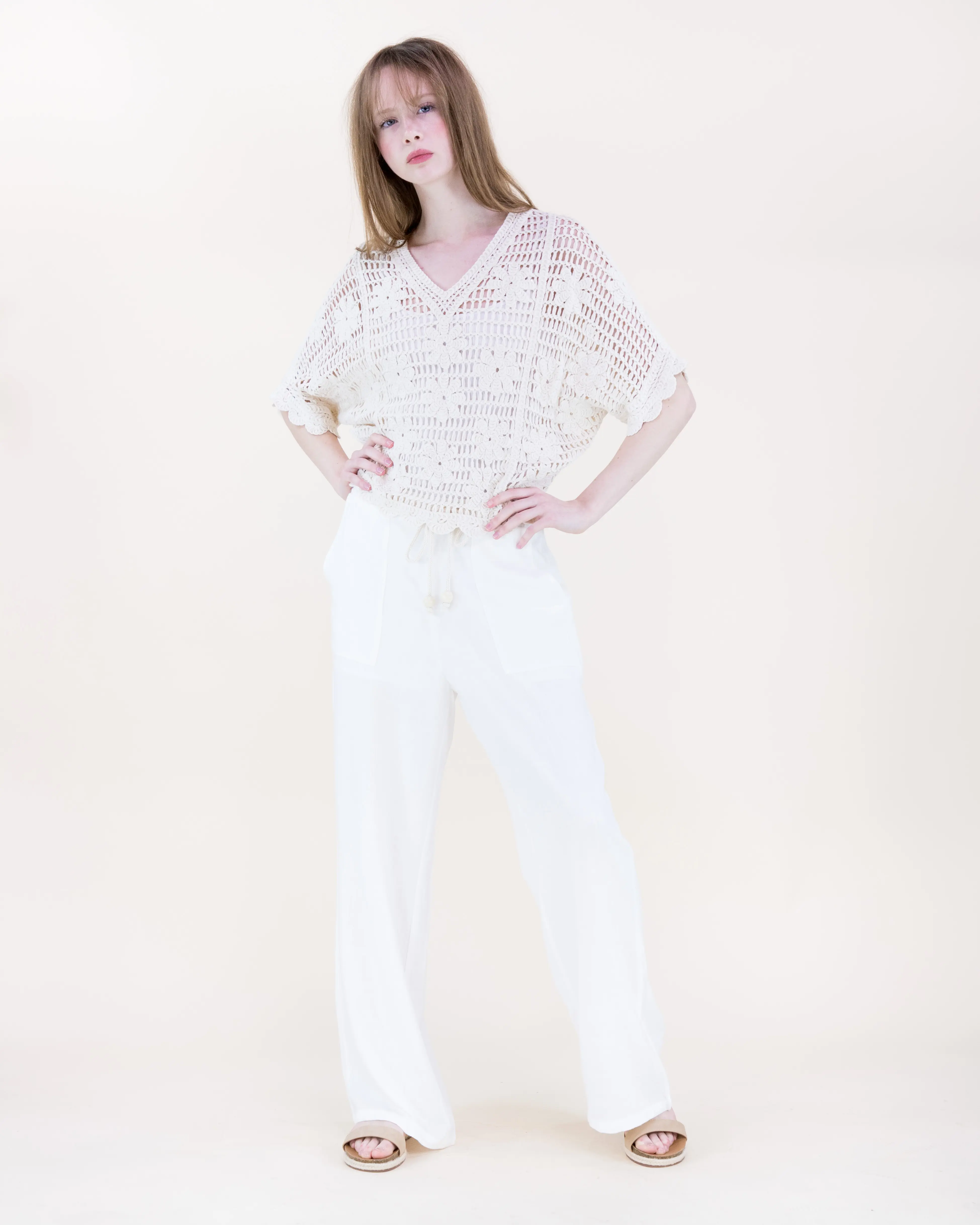Crochet V-Neck Short Sleeve Top – Women’s Lightweight Open-Knit Boho Blouse (One SIze)