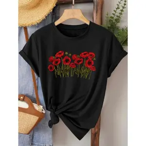 Red Poppy Flower Graphic Tee For Women Cute Floral Print Crewneck Short Sleeve Soft Cotton Casual Oversized Shirt For Summer Outfit Vacation Weekend Streetwear