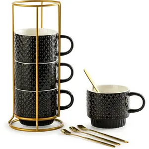 Coffee Mugs Set of 4, 13 Ounce Stackable Coffee Mug Set with Stand, Stoneware Coffee Cup with Spoon for Coffee, Milk, , Cocoa, Black