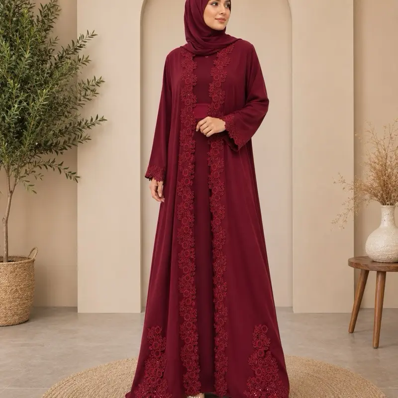 Two pieces abaya set, featuring delicate lace detailing along the front and hem.