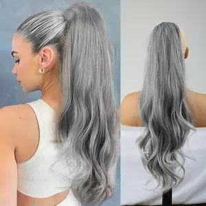 Long Gray Drawstring Hair Ponytail Extension for Women,Salt and Pepper Pony Tails Clip on in Hair Extensions for Women Synthetic 26 Inch Curly Wavy Layered Faux  Grey to White Ponytails(Gray)
