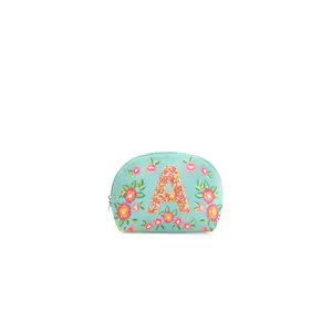 Embellished Initial Pouch Wristlet-A Initial Floral Design Light Blue Color