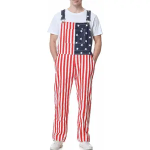 Yuanbang Men's Adjustable Denim Overalls with Pockets Casual Rompers American Flag Bibs Jumpsuits Red White and Blue Coveralls Menswear