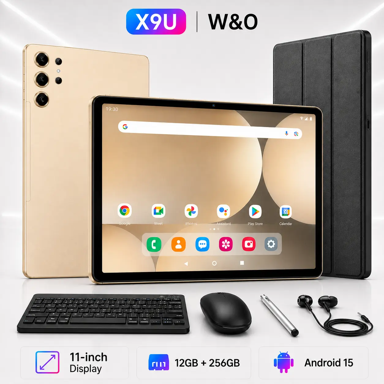 W&O X9U 11" Android 15 Tablet with Keyboard, 12GB RAM + 256GB Storage, 10000mAh Battery, 5G WiFi, GPS, Mouse, Stylus, Protective Case & Screen Protector, Portable Tablet for School & Work