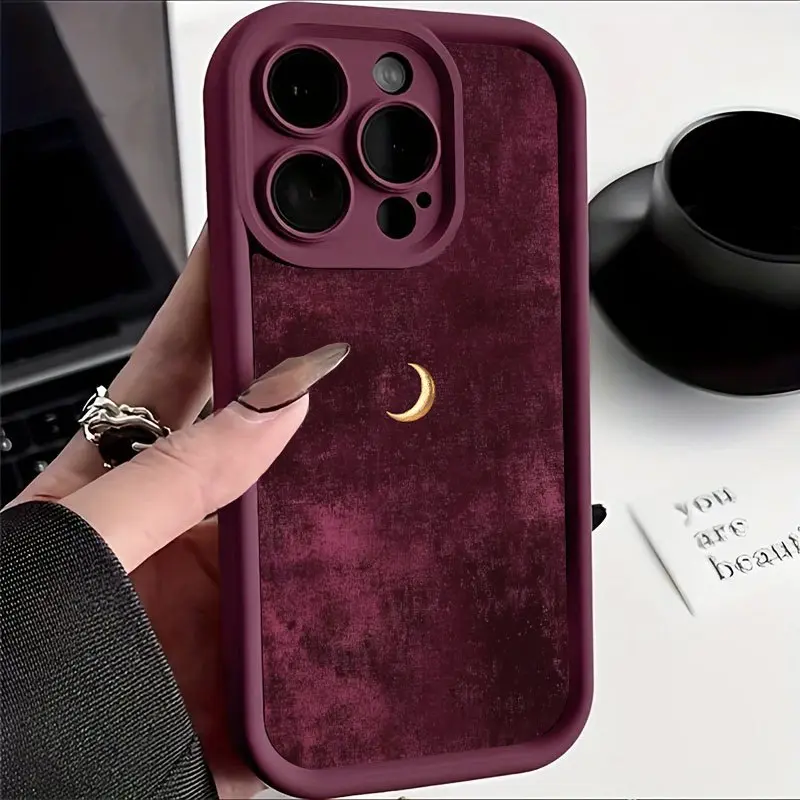 Wine Red High Bamboo Night Golden Crescent TPU Pattern Case for iPhone 17 Pro Max 16 16e 15 14 Plus 13 12 Mini 11 Air X XS Pattern Soft TPU Rubber Camera Protection Rugged Mobile Phone Cover Valentine's Day  Gift 2D printing, Smartphone, Handheld, Cellpho