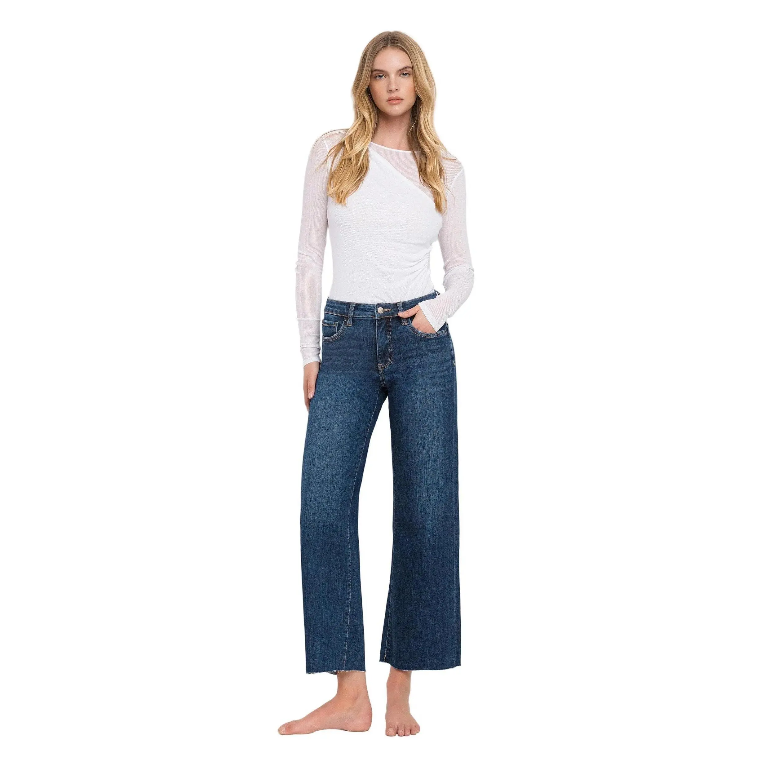 Slat Tree Women's Tummy Control Jeans in a Mid-Rise Wide Leg Style - Comfort Stretch for a Smooth Fit with Raw Hem, Bottom, Chic