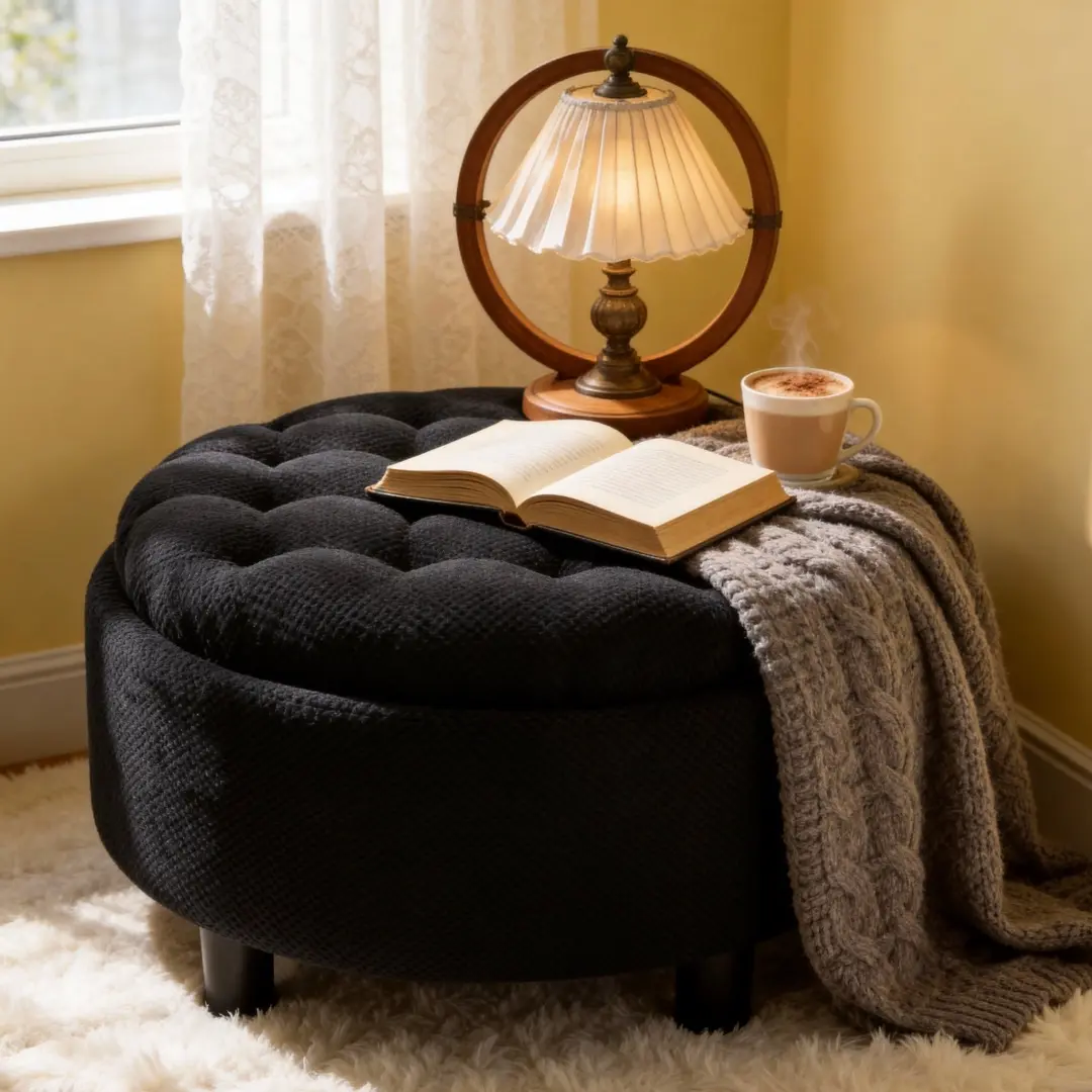 25" Round Tufted Fabric Storage Ottoman with Removable Top and Tray, Modern Upholstered Coffee Table for Living Room, Bedroom, Black