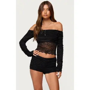 Edikted Women's Tauri Lacey Ruffled Off Shoulder Top